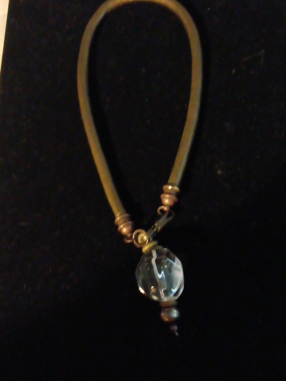 Clear Crystal Drop Necklace with Leather Olive Cord - Women Jewelry